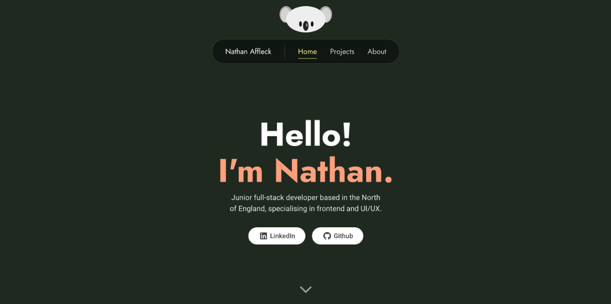 A screenshot of the homepage for Nathan's portfolio site, featuring a nav bar, greeting and links, on a dark green background.